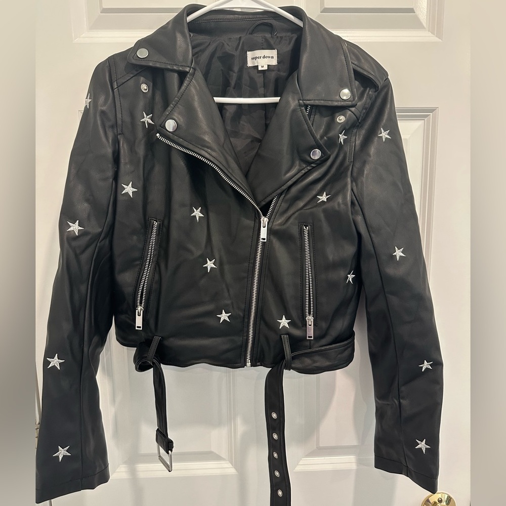 SUPERDOWN Black Leather Jacket with Star Embellishments